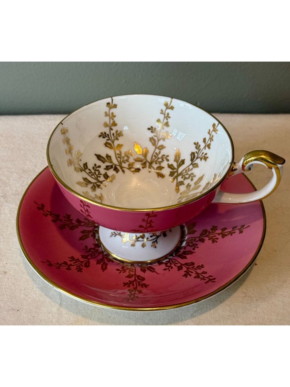 Vintage Aynsley Pink Teacup and Saucer Gold Floral Bone China England Footed Cup